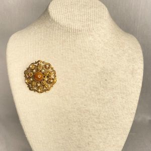 West Germany Ornate Brooch Gold Tone Filagree Amber And Pearly Stones